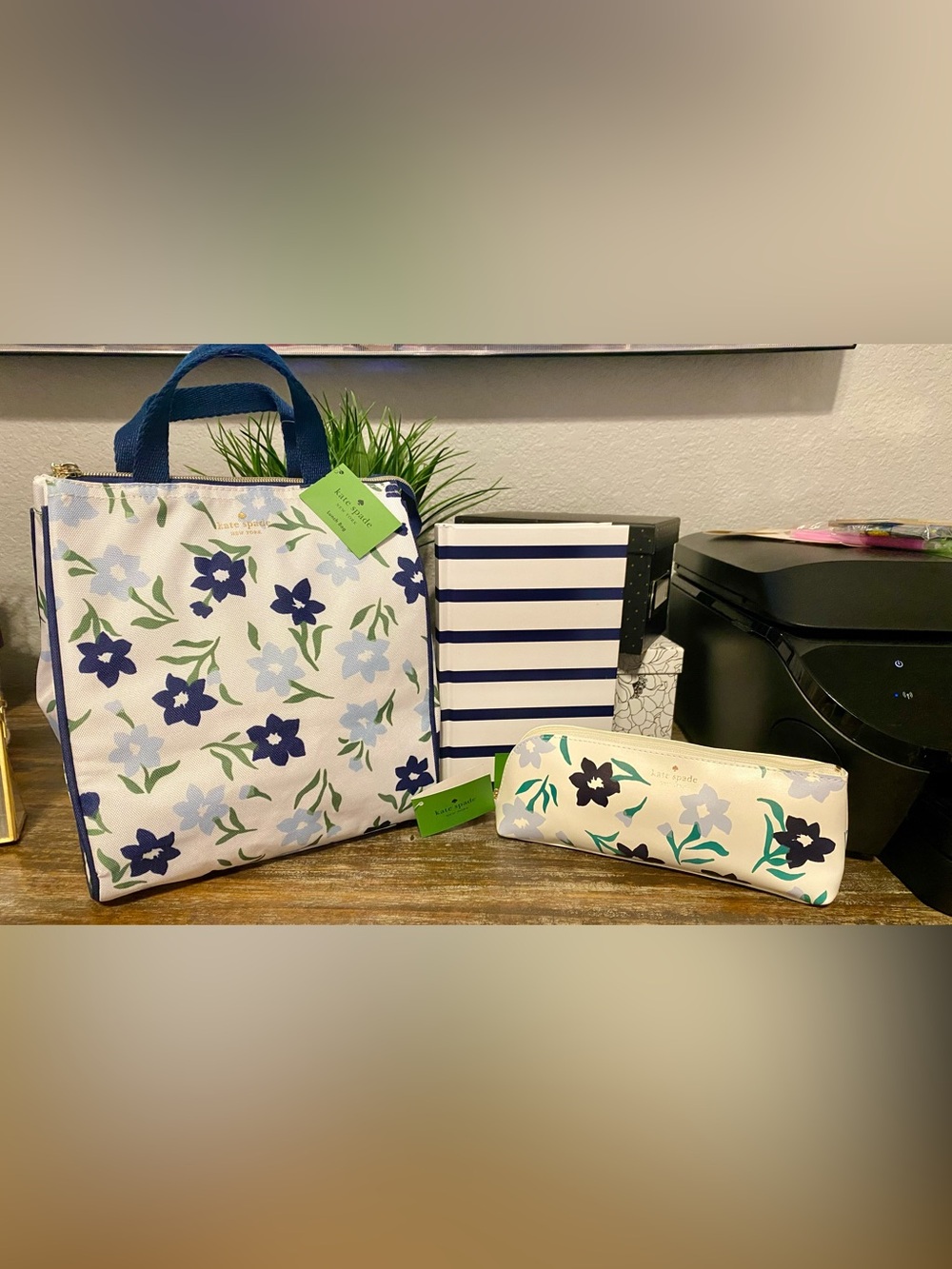 Kate Spade Navy, Light Blue, Green on Cream Lunch Tote, Journal, Pencil Case